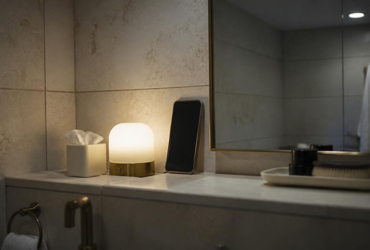 A phone propped on a bathroom shelf beside a mirror under harsh overhead light, no people