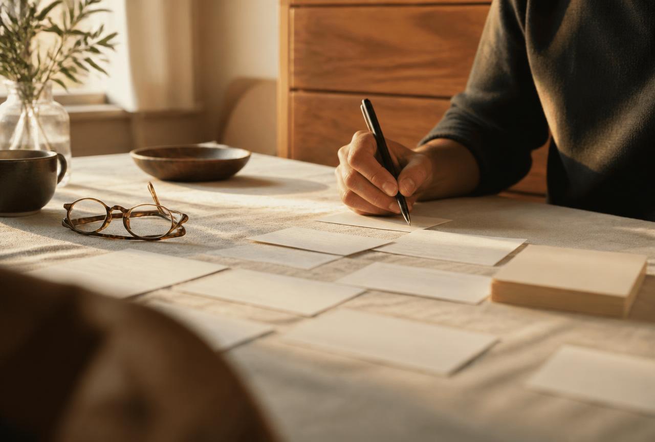 A hand writing on small index cards spread across a linen tablecloth, glasses and a pen nearby