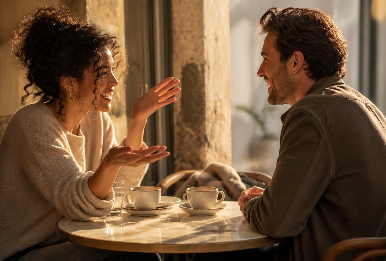 Two people laughing over coffee at a small round cafe table, one gesturing mid-story