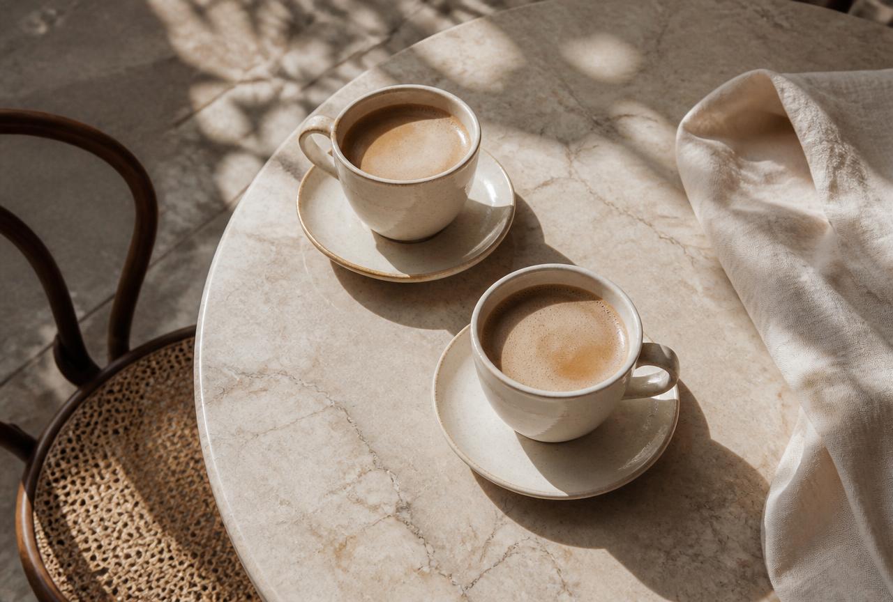 Two ceramic coffee cups on a small marble bistro table seen from above in dappled morning light
