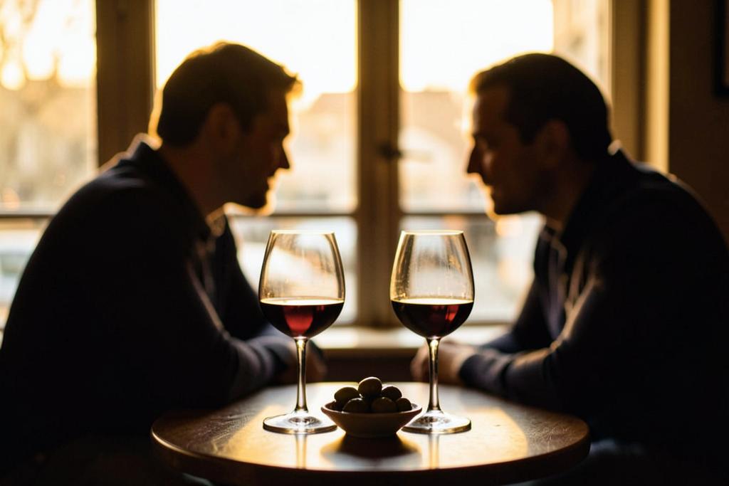 Two wine glasses and a small bowl of olives on a bistro table with two blurred figures talking by a window