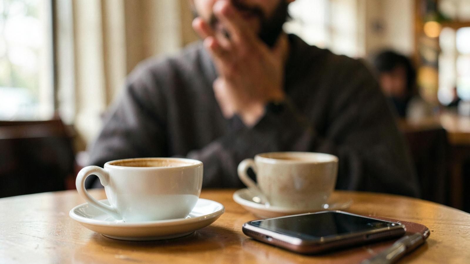 Two coffee cups and a phone on a wooden cafe table with a person gesturing out of focus behind them