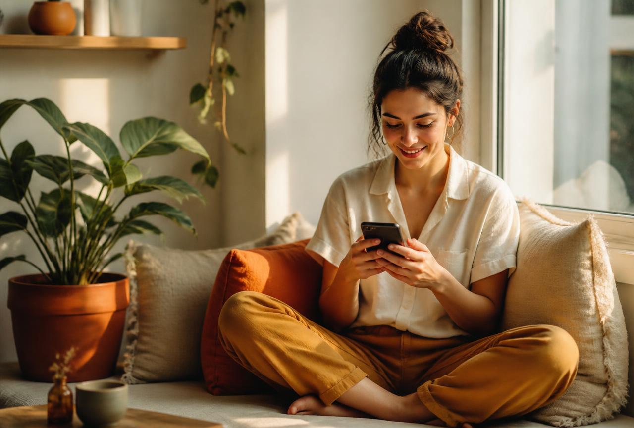 A woman smiling while typing on her phone, sitting in a window seat surrounded by plants and cushions