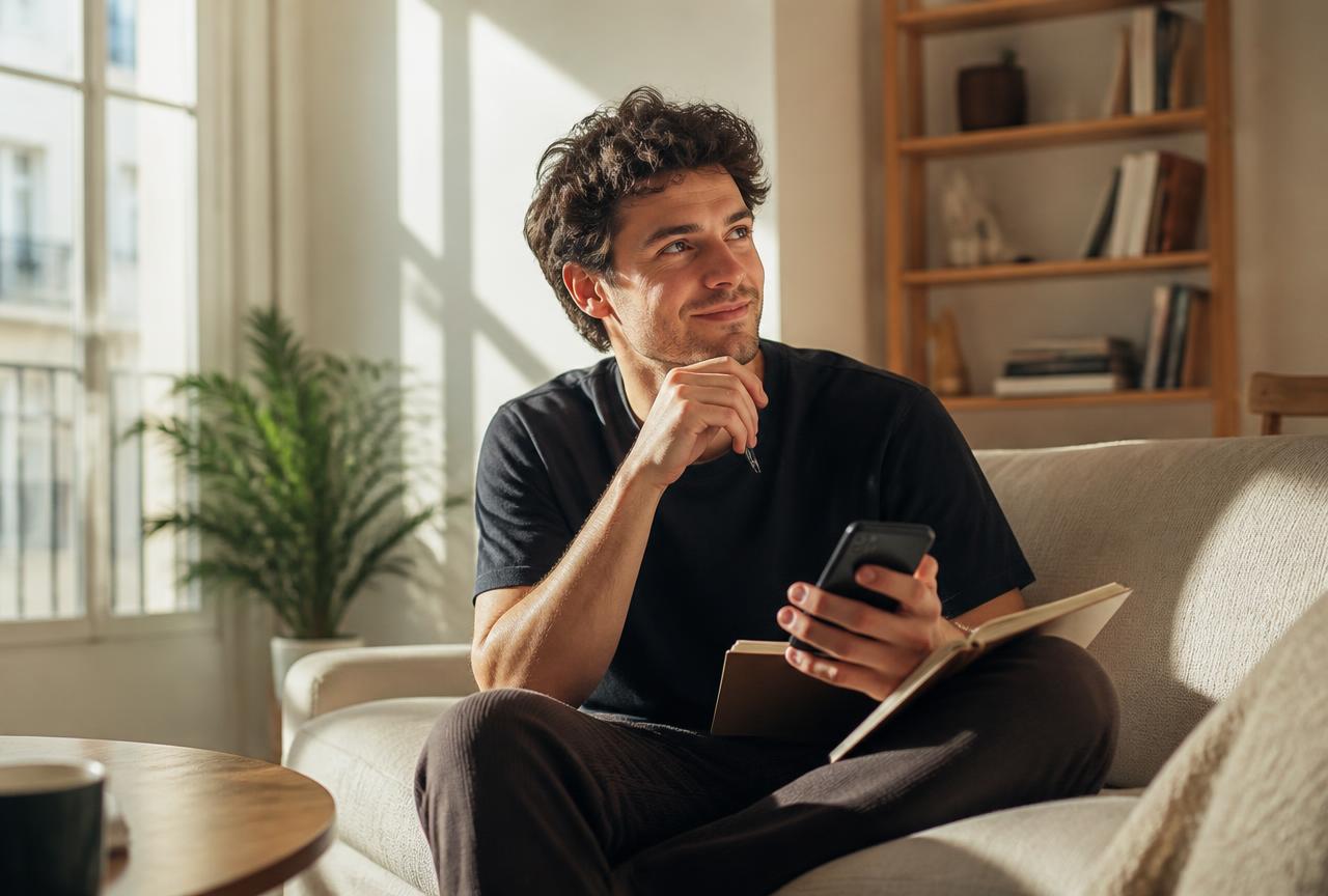A man sitting on a sunlit sofa holding a phone, a notebook open on his knee, looking thoughtful