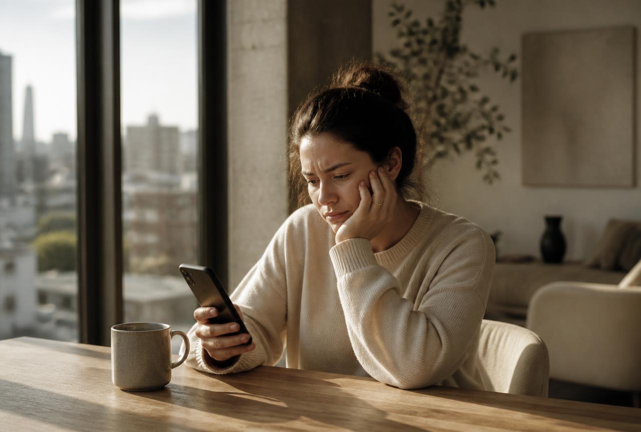A person sitting at a wooden table by a window, holding a phone and frowning slightly