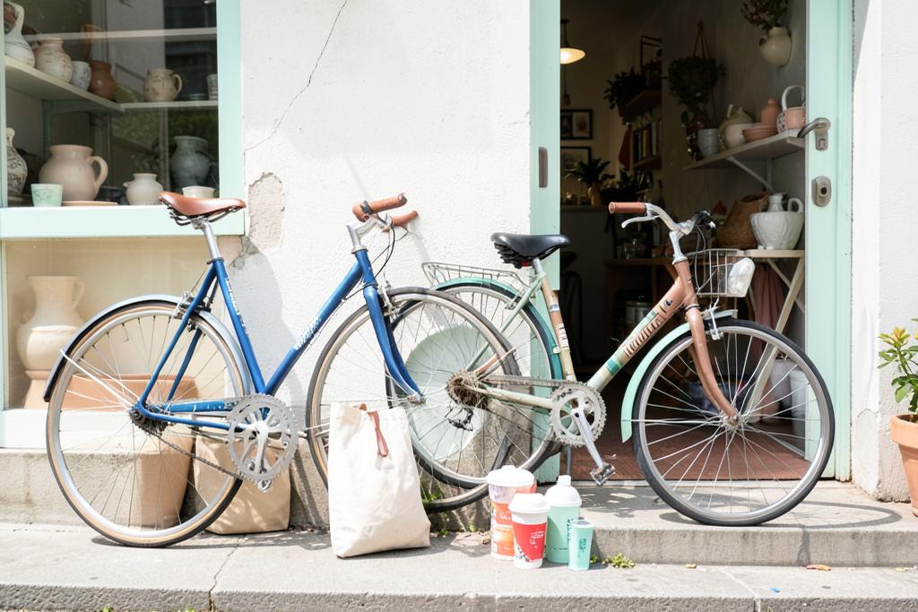 Two bicycles leaning against a wall outside a small pottery studio with takeaway cups on the step
