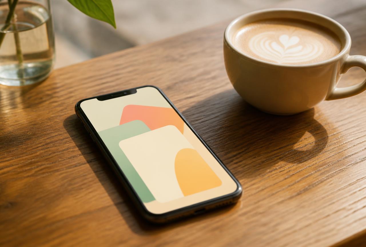 A phone showing soft abstract cards lying on a wooden cafe table beside a cup of coffee