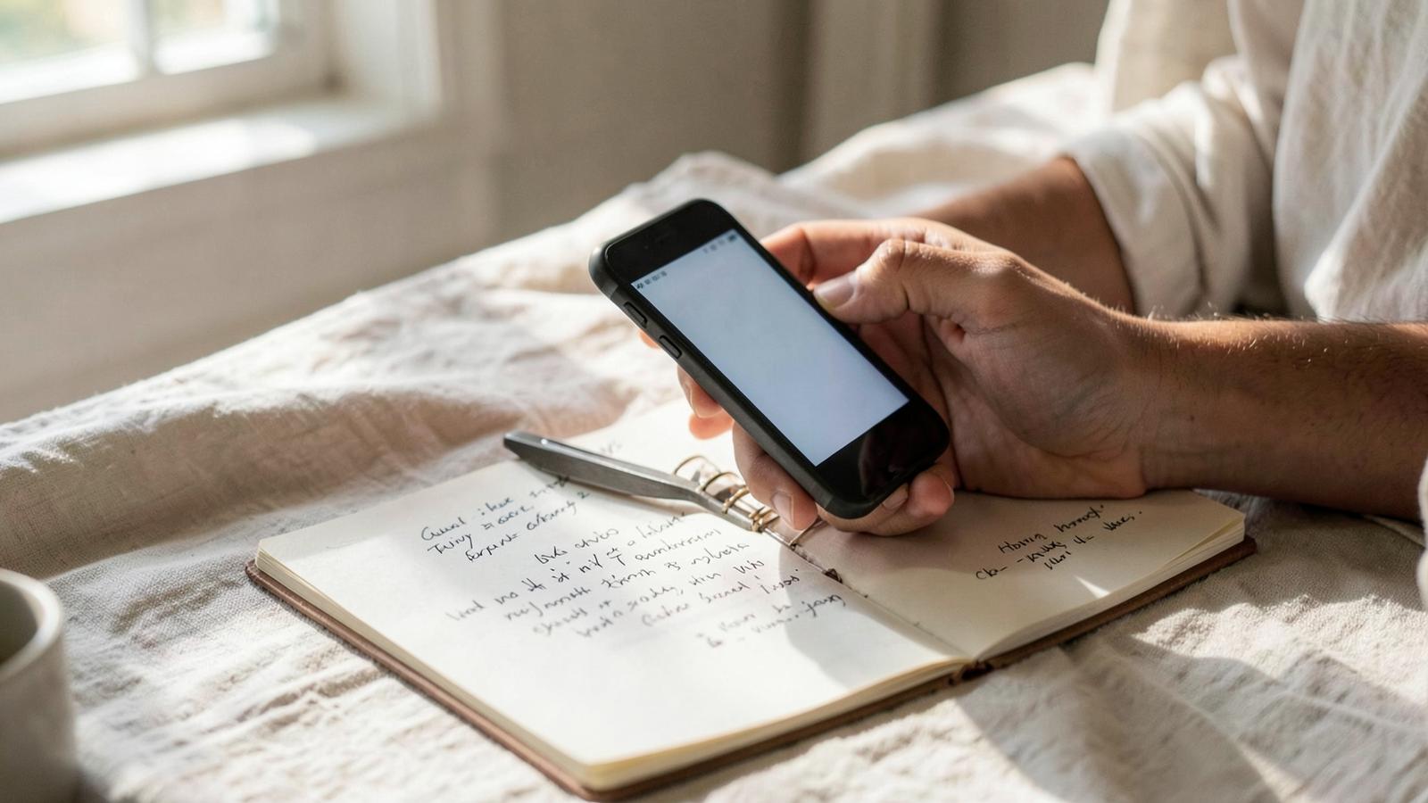 A person holding a phone above an open notebook of handwritten notes on a linen tablecloth in window light