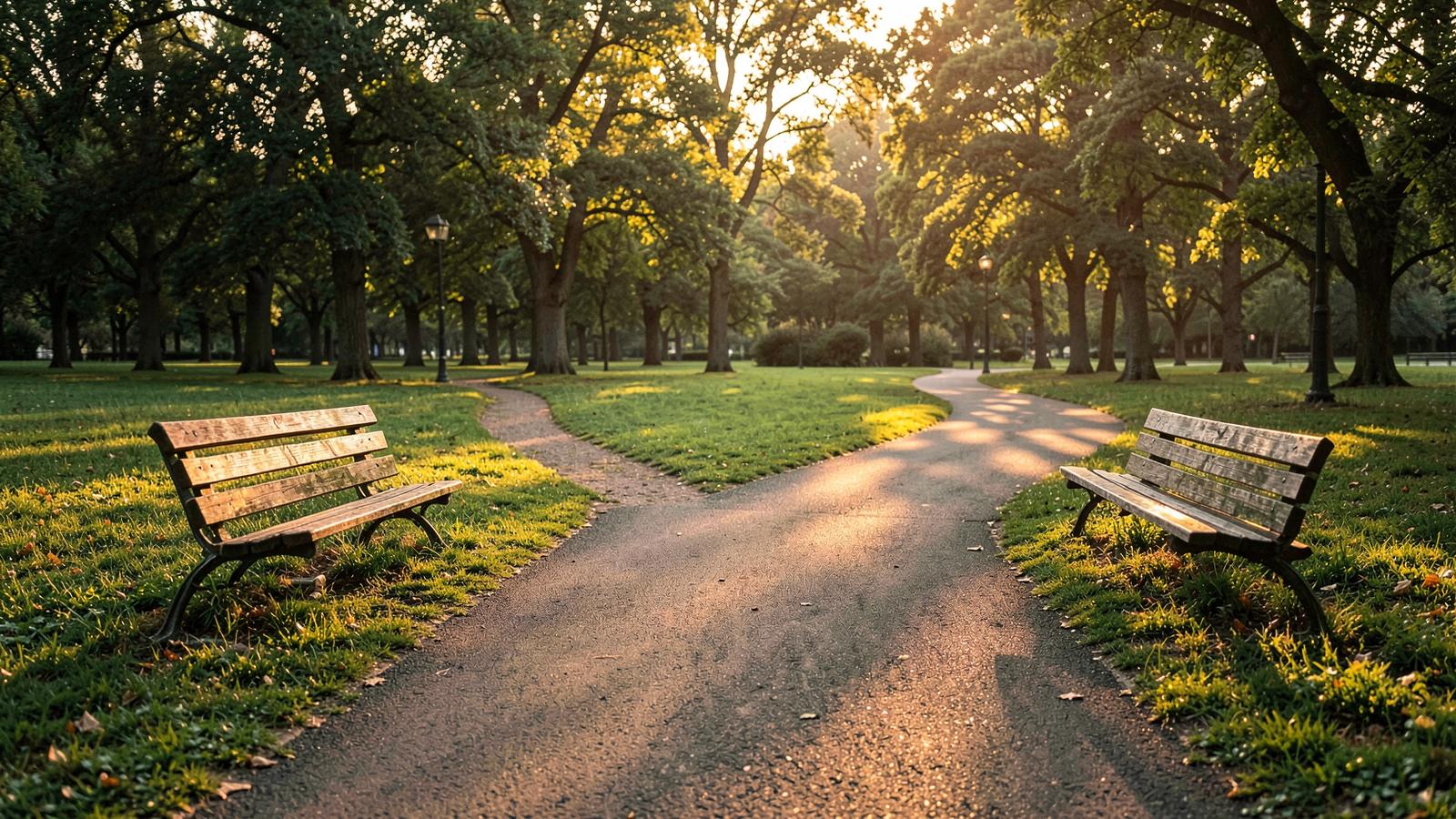 Two park paths diverging at golden hour with a wooden bench on each side