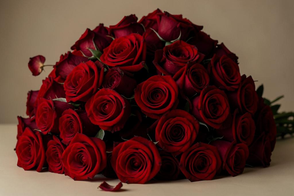 A very large bouquet of red roses on a plain pale surface with one petal fallen in front