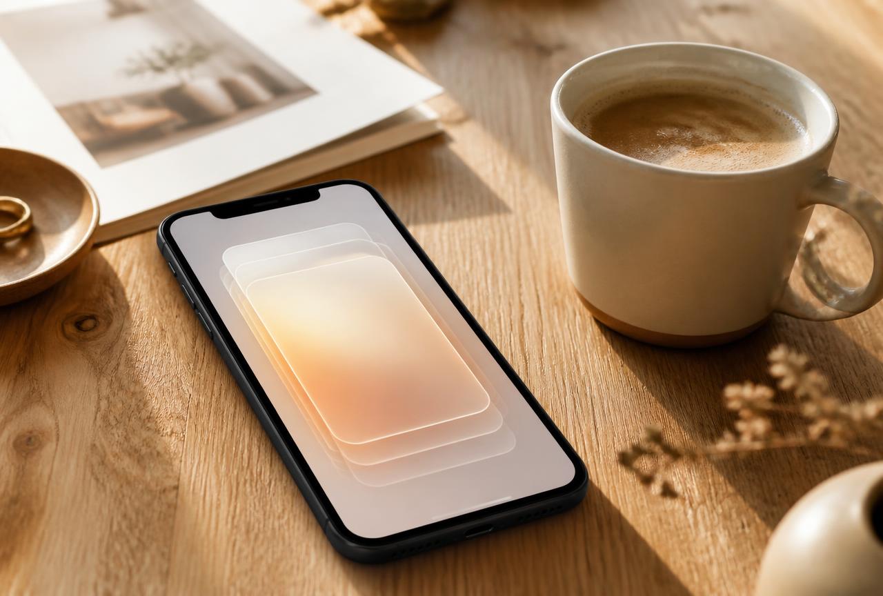 A phone showing soft abstract card shapes on a wooden cafe table beside a cup of coffee