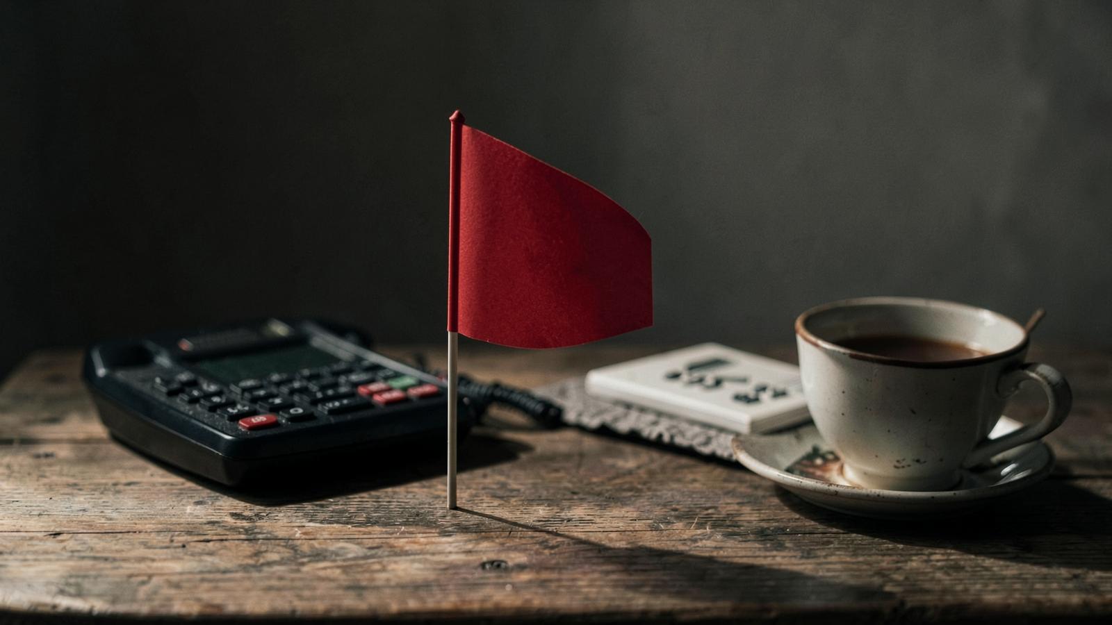 A small red paper flag standing on a wooden desk beside a phone and a cup of tea in moody side light