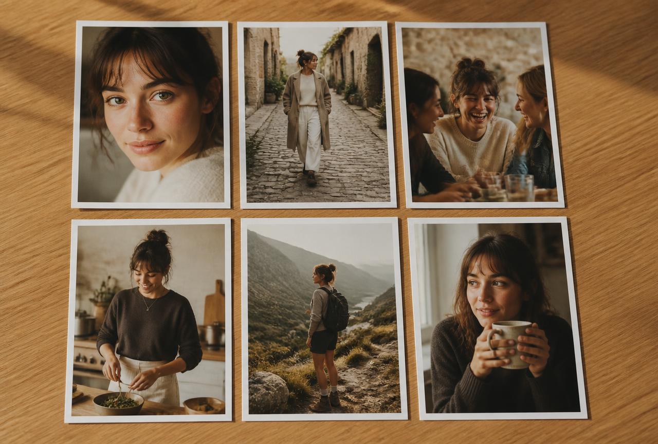 Six printed portrait photos in two rows on a wooden desk, showing a face close-up, walking, laughing with friends, cooking, hiking, and holding a coffee