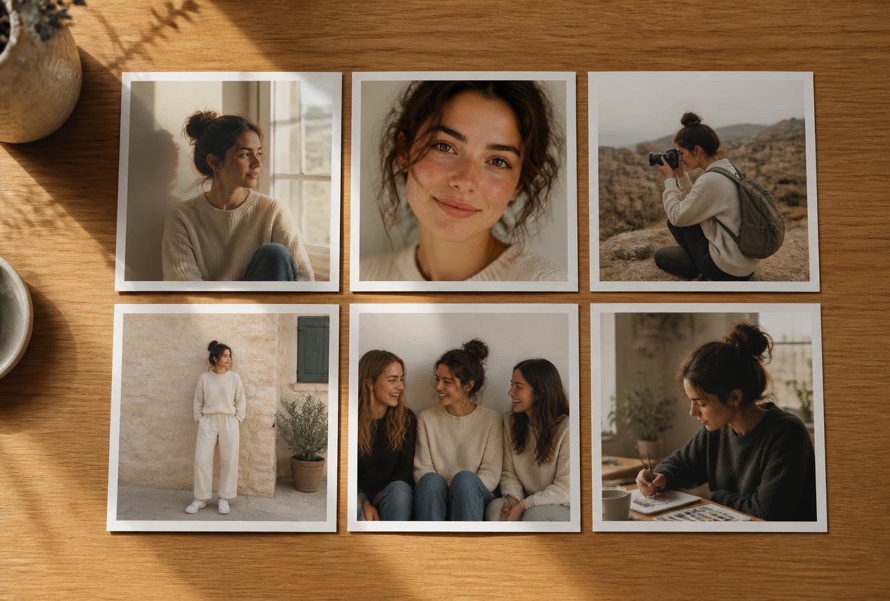 Six printed photographs laid out in a grid on a wooden table showing portrait, full body, hobby and group shots