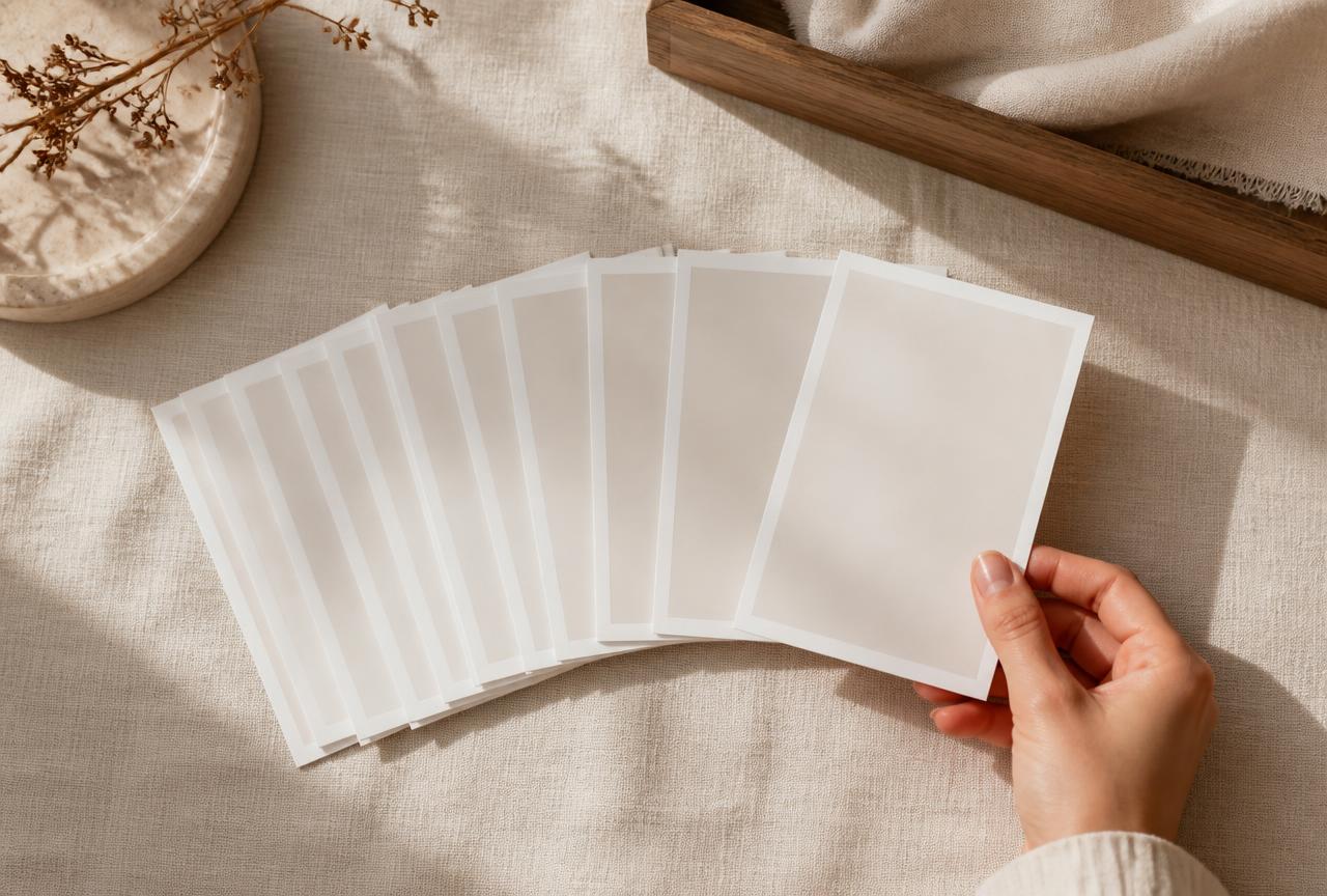 A hand lifting one card from a fanned row of blank portrait cards on a linen cloth