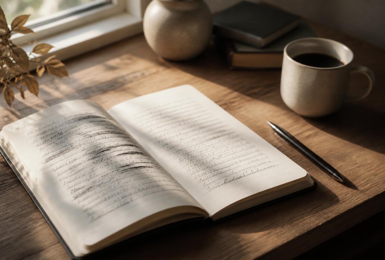 An open notebook on a wooden desk with handwritten lines crossed out and rewritten, a pen and a coffee cup beside it
