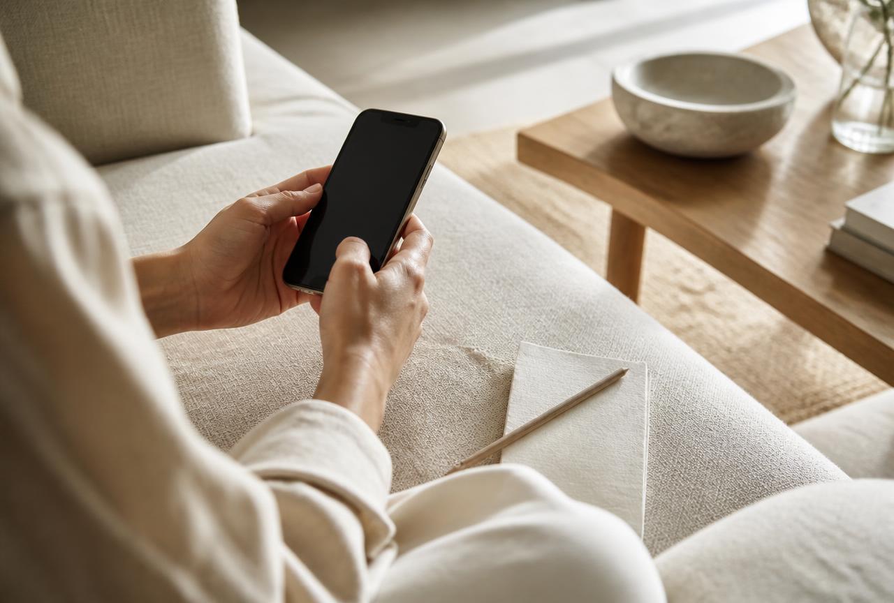 Close view of hands holding a phone on a linen sofa with a small paper checklist and pencil beside them