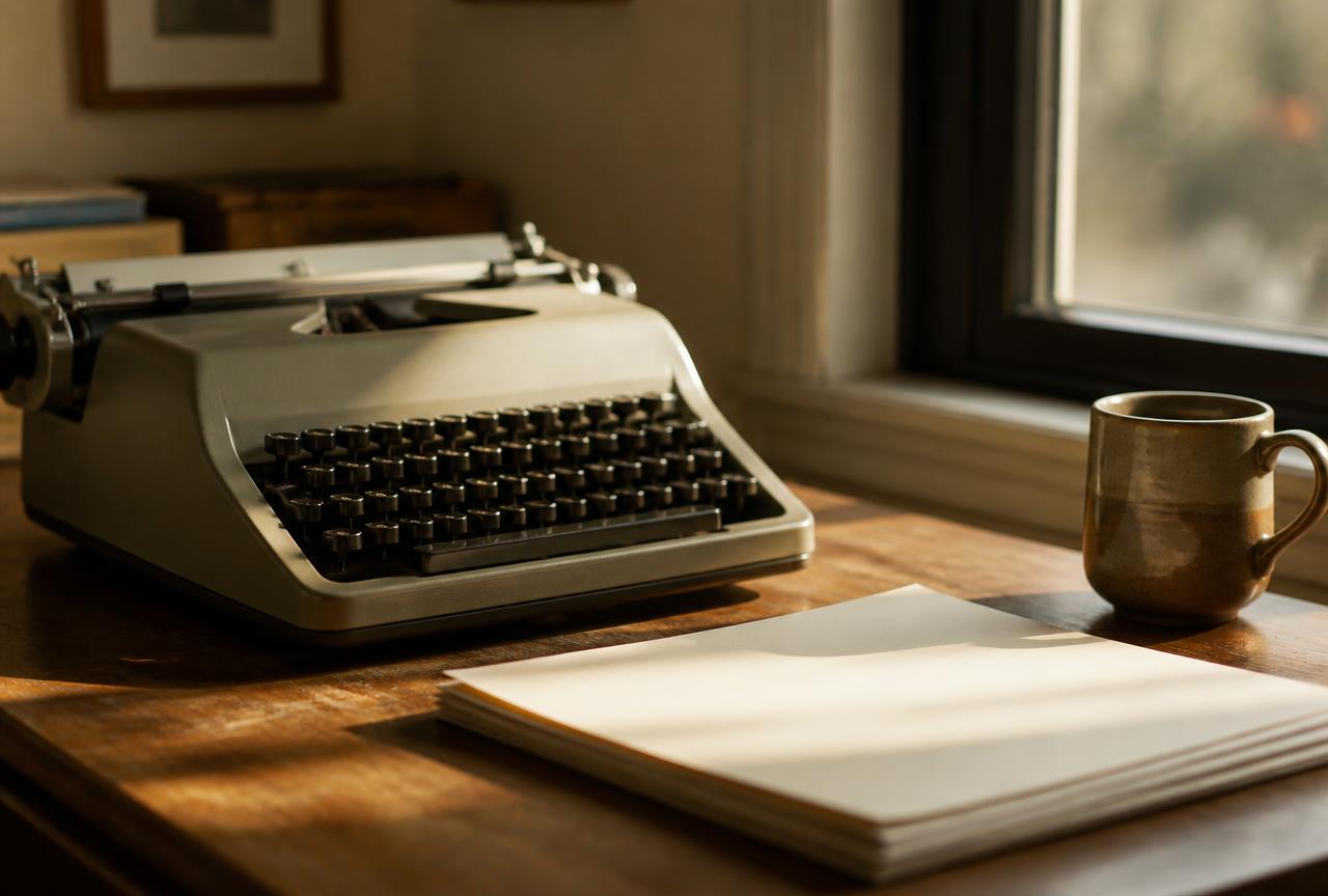 A typewriter on a wooden desk beside a stack of blank paper and a ceramic mug in afternoon light