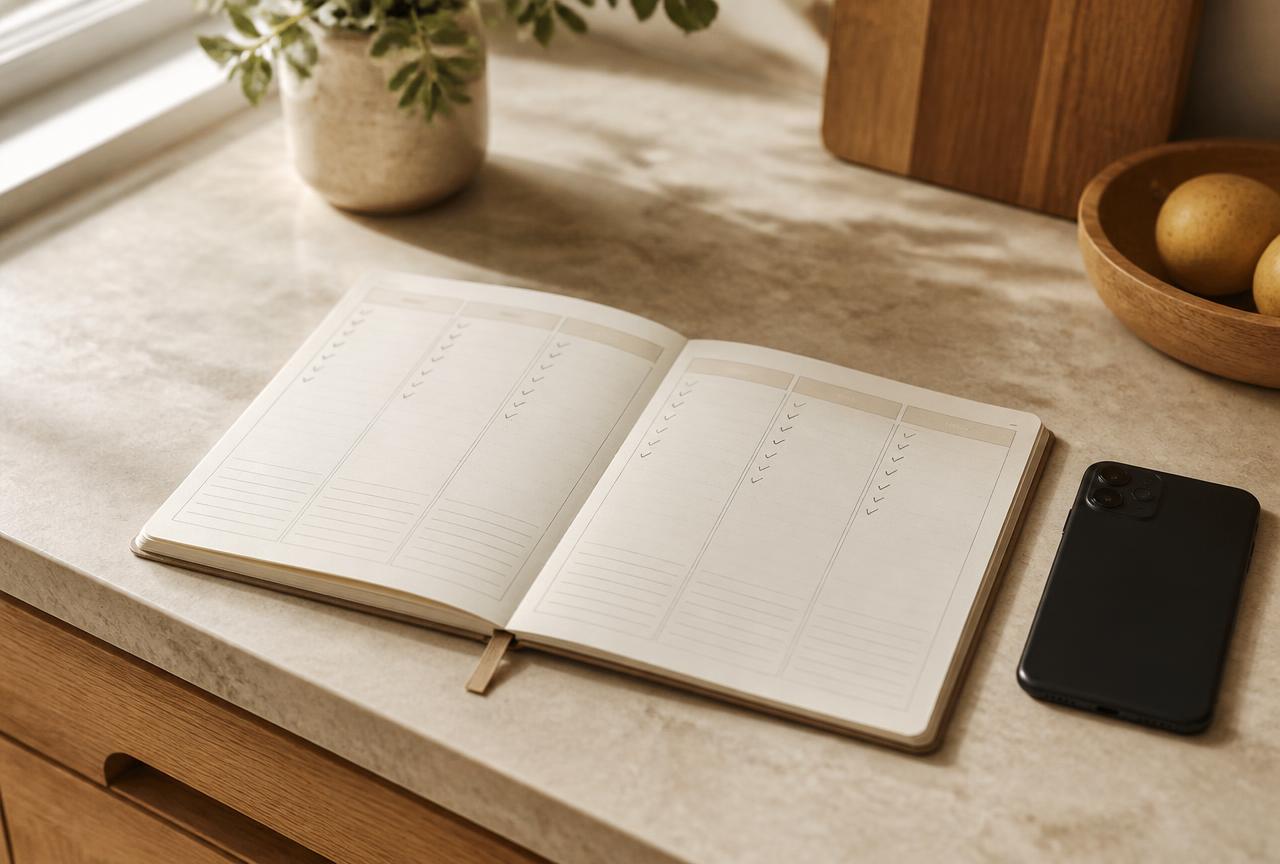 An open weekly planner on a stone kitchen counter with small pencil ticks and a phone face down beside it
